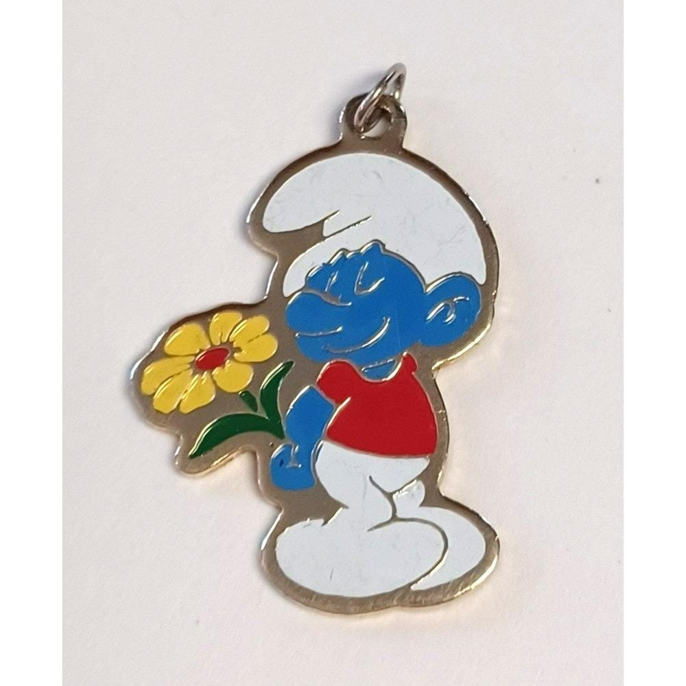Vintage 1980 Bashful Smurf Flower Pendant Enamel Gold Tone Charm Peyo Taiwan